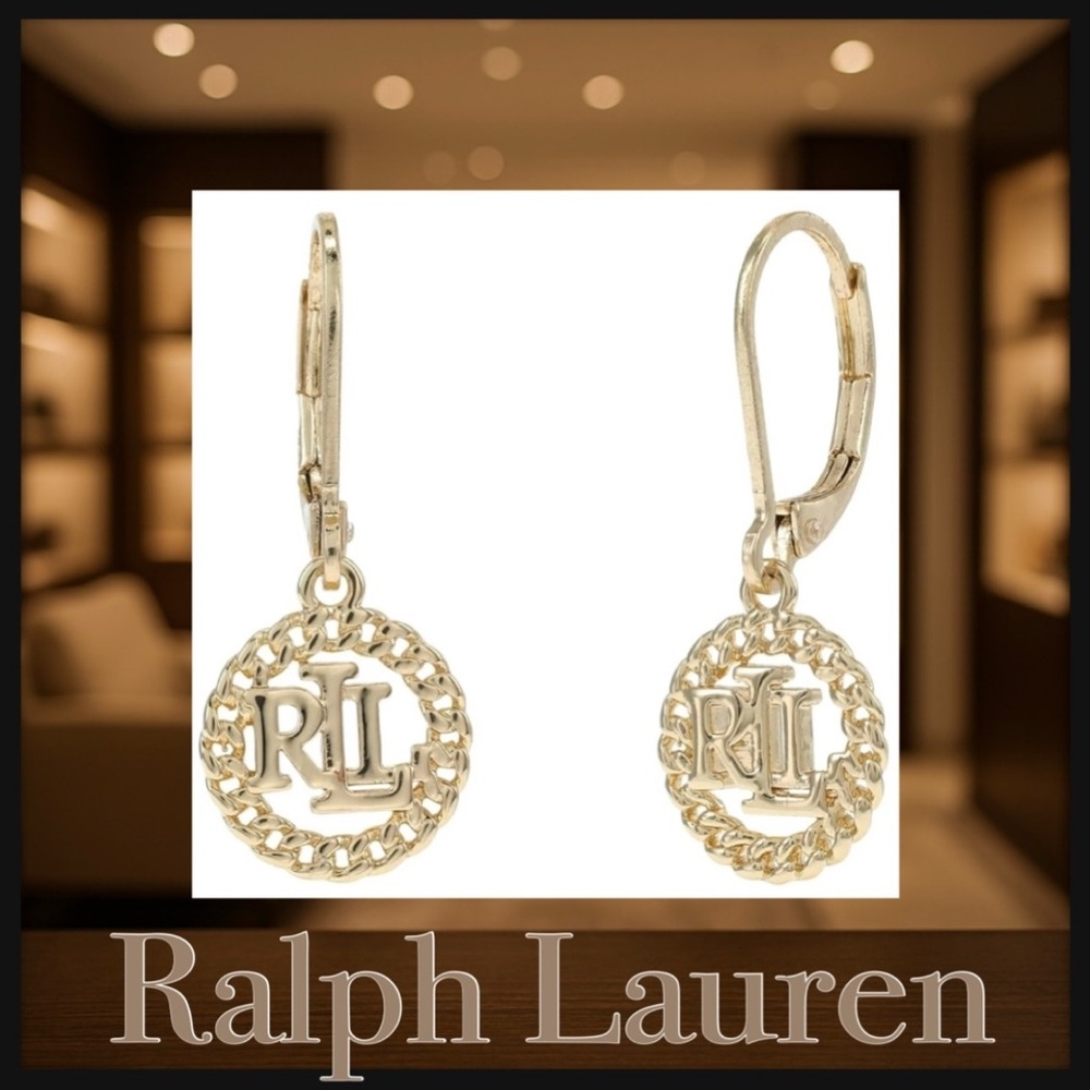 💖NEW RALPH LAUREN GOLD TONE SIGNATURE CUT OUT LEVER BACK DROP EARRINGS. - Picture 2 of 5